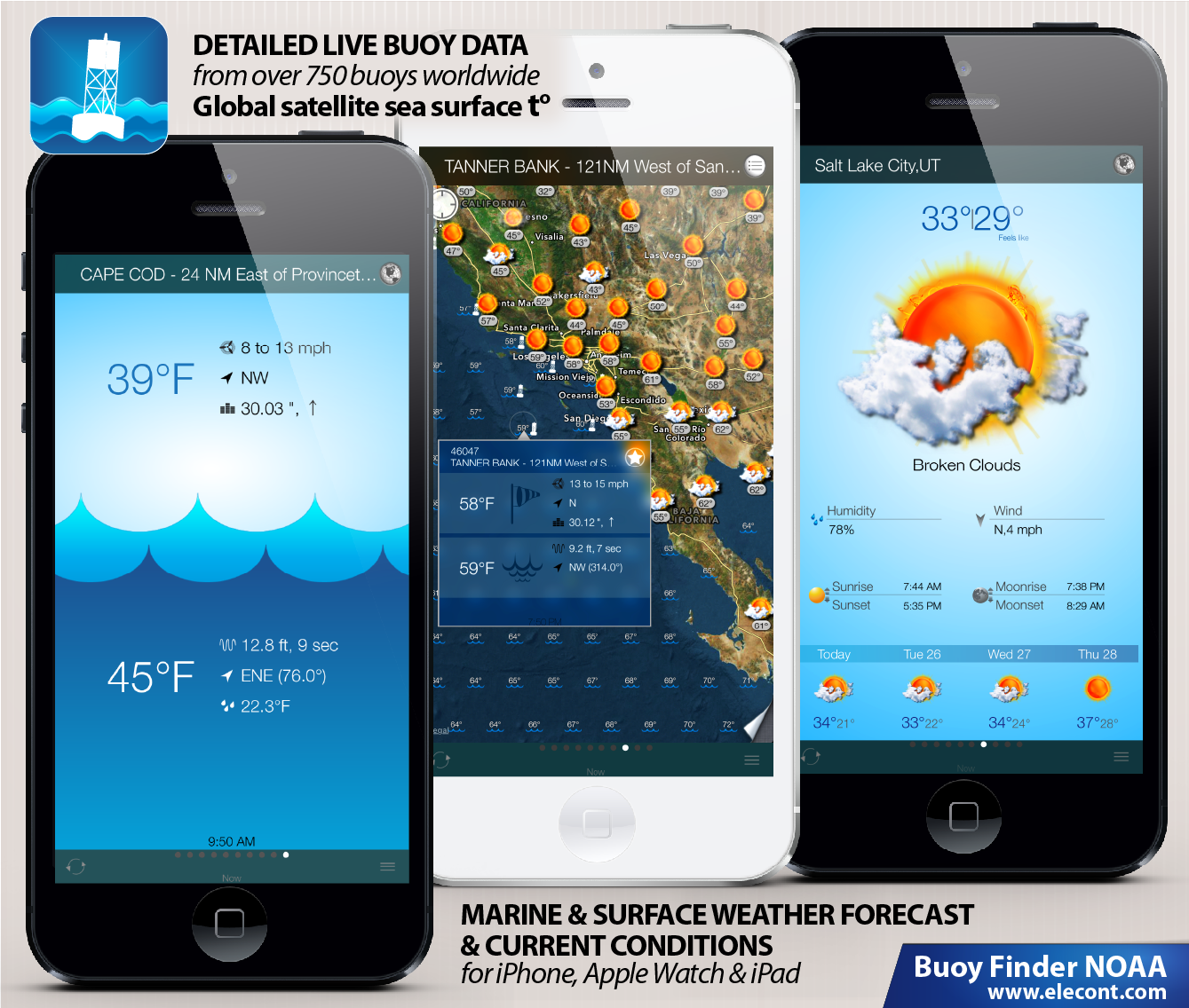 Get near real-time data from NOAA/NDBC buoy stations, global sea surface temperatures and  weather forecast provided by coastal and inland stations directly on your iPhone, Apple Watch and iPad
