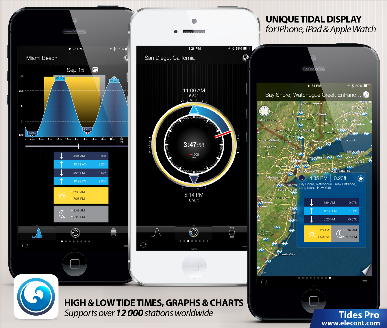 Tides PRO for iPhone, iPad and Apple Watch- Get high and low tide times, tide charts, tide tables for  over 12000 of ports, harbors and coastal locations around the World . The app reports high and Low tide times, tide predictions with up to the minute accuracy , Sunrise, Sunset, Moonrise, Moonset times, Solunar charts, Current water level and unique 'Tide watch' interface for Apple Watch.